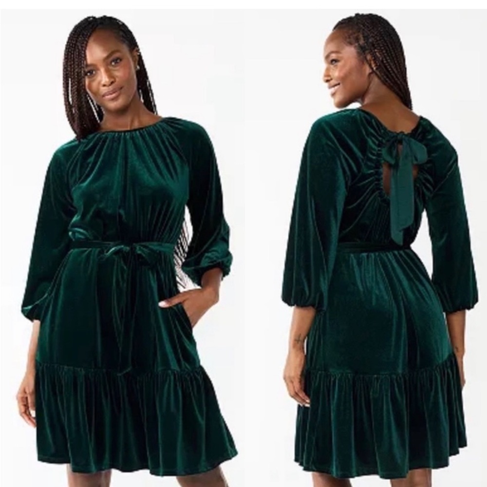 DRAPER JAMES RSVP women’s Long Sleeve Bow Back Dress in velvet green NEW XXL